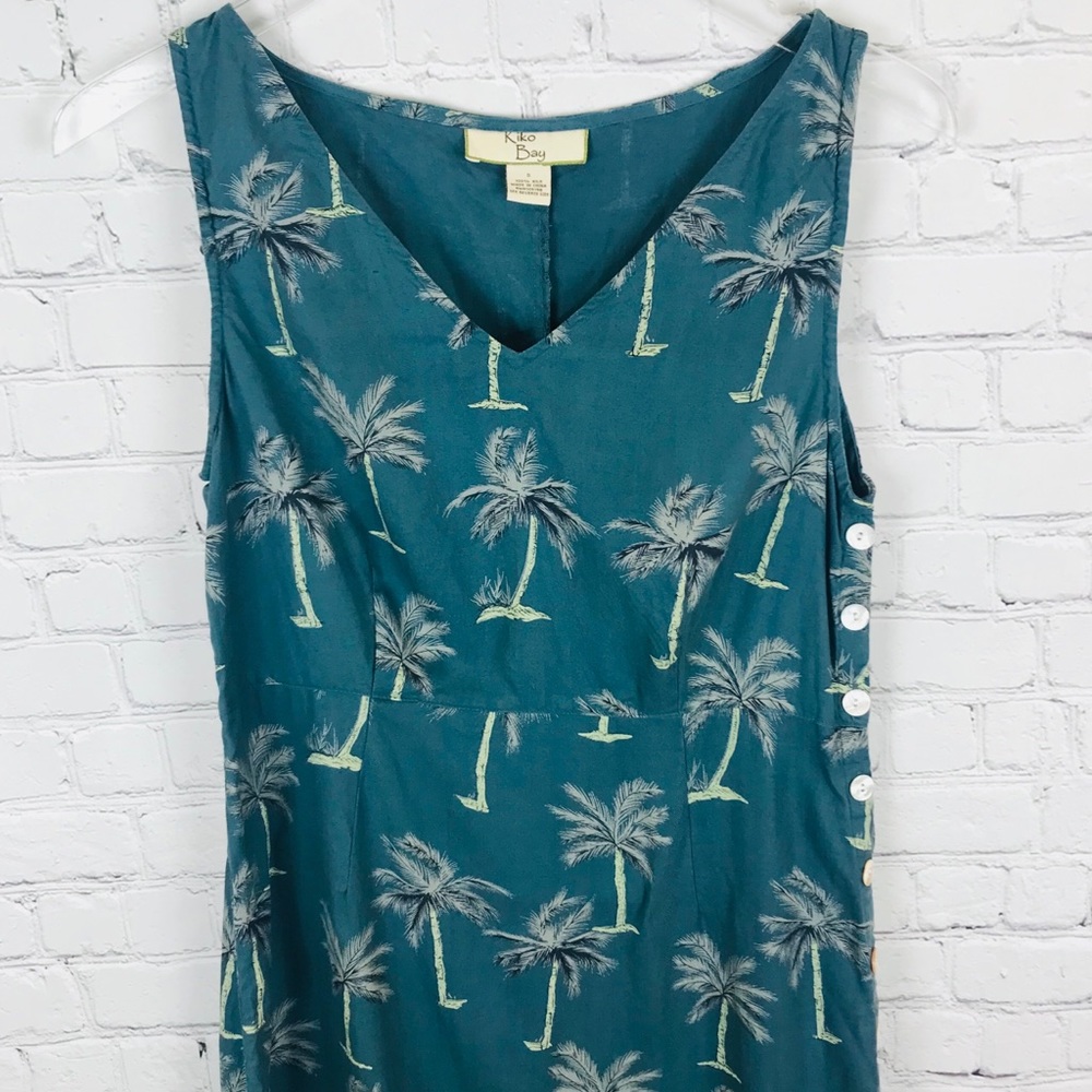 Teal Palm Tree Print Kiko Bay Silk Midi Dress SZ S